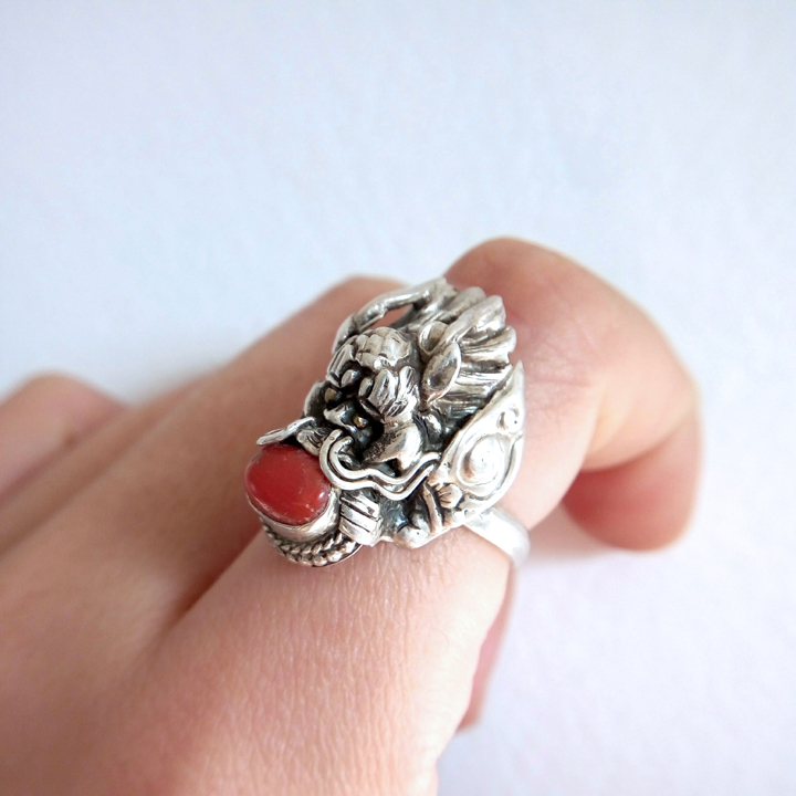 Nepal Handmade 925 Silver Red Coral Dragon Ring